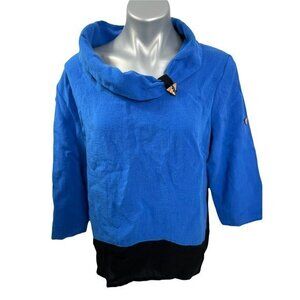 Fridaze Blue & Black Color Block Cowl Neck Blouse 100% Linen Women's Size Large